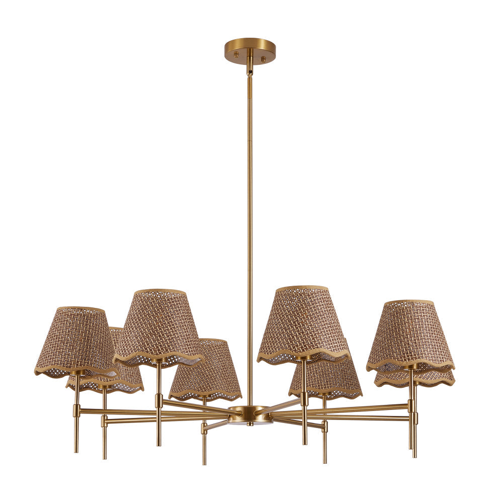 38.6" Gold Boho Rattan Chandelier | 8-Light Farmhouse Pendant with Adjustable Height for Dining Room, Living Room & Bedroom