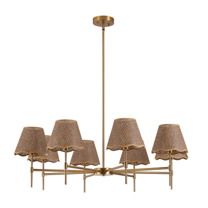 38.6" Gold Boho Rattan Chandelier | 8-Light Farmhouse Pendant with Adjustable Height for Dining Room, Living Room & Bedroom
