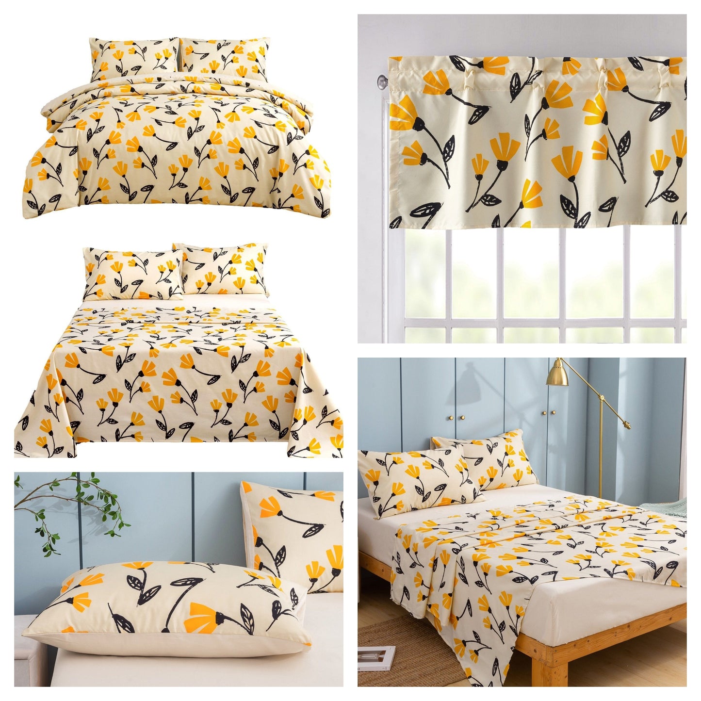 DaDa Bedding Yellow Fleur Duvet Cover, Sheets & Valance Set