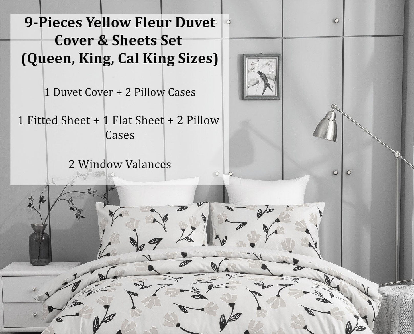 DaDa Bedding Yellow Fleur Duvet Cover, Sheets & Valance Set