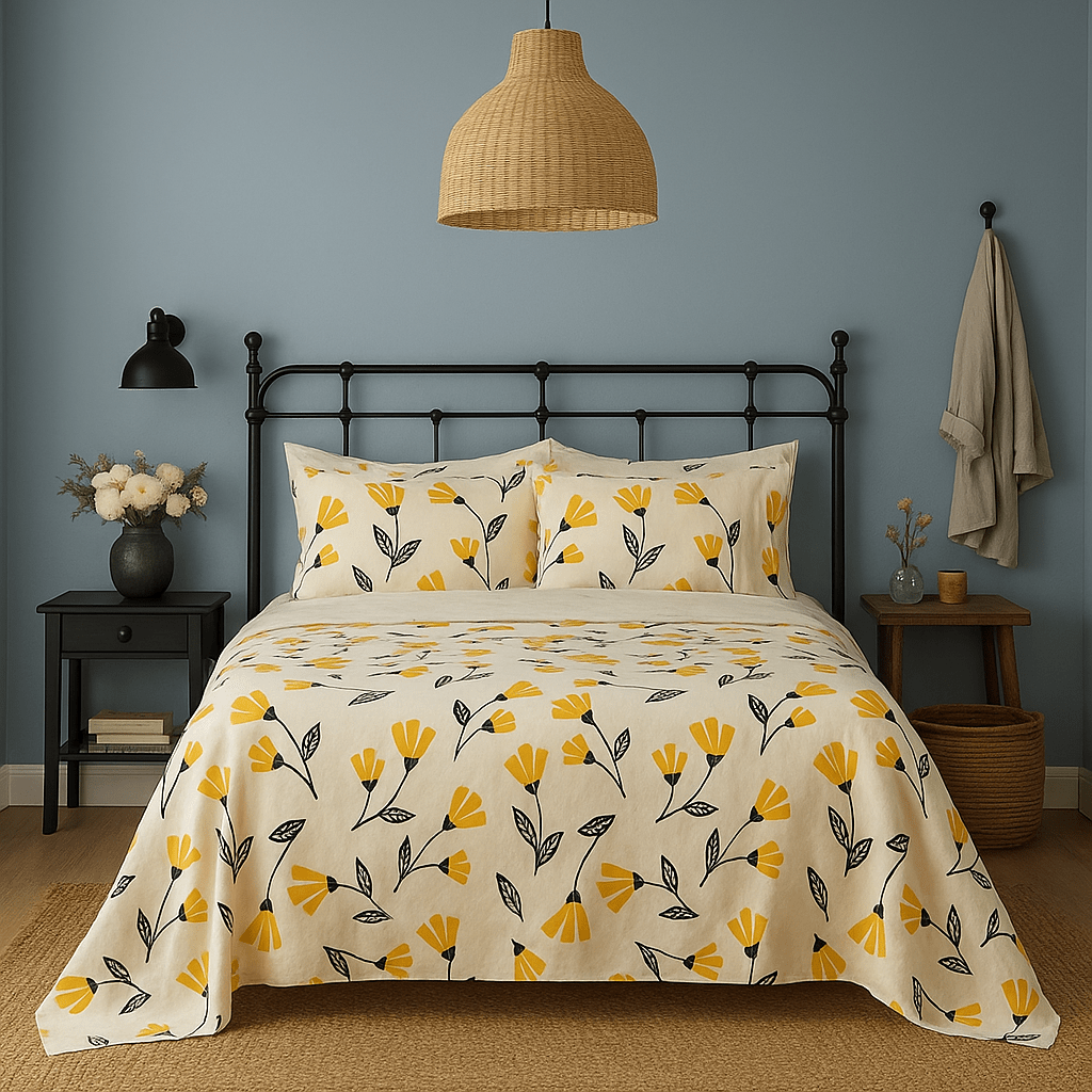 DaDa Bedding Yellow Fleur Floral Fitted and Flat Sheet Set
