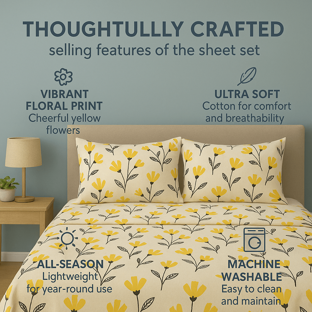 DaDa Bedding Yellow Fleur Floral Fitted and Flat Sheet Set