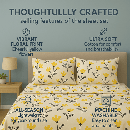 DaDa Bedding Yellow Fleur Floral Fitted and Flat Sheet Set