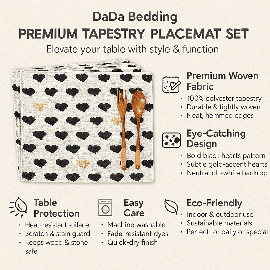 DaDa Bedding Set of 4-Pieces Valentine's day Yellow & Black Hearts Tapestry Dining Table Placemats 13” x 19” (18113)