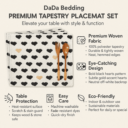 DaDa Bedding Set of 4-Pieces Valentine's day Yellow & Black Hearts Tapestry Dining Table Placemats 13” x 19” (18113)