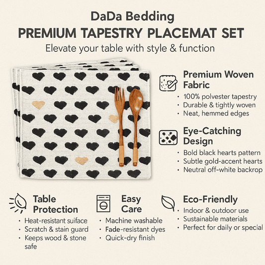 DaDa Bedding Set of 4-Pieces Valentine's day Yellow & Black Hearts Tapestry Dining Table Placemats 13” x 19” (18113)