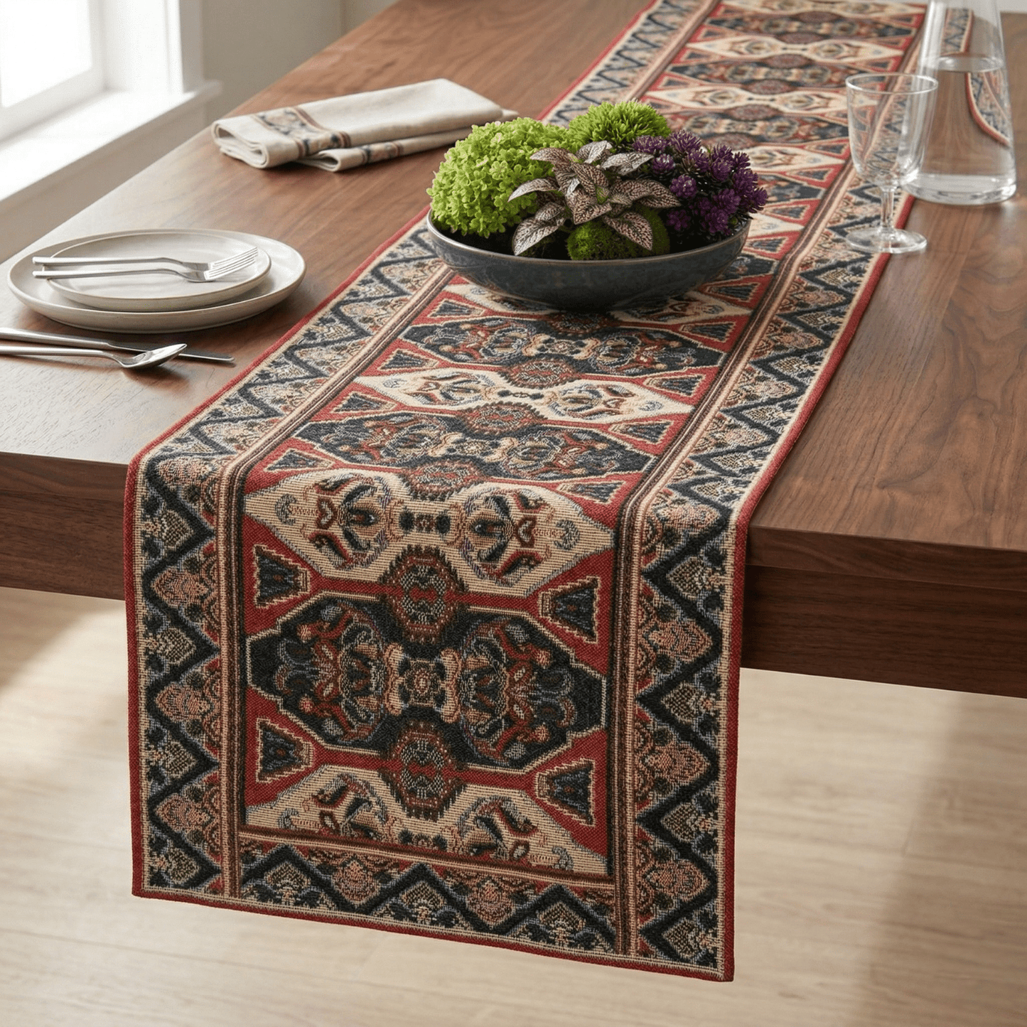 DaDalogy Elegant Majestic Kilim Red Persian Rug Ornate Floral Woven Tapestry Table Runner (18195)
