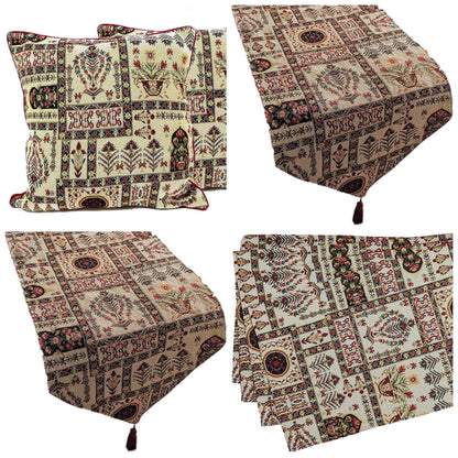 DaDa Bedding Set of 8 Pieces Light Botanical Mughal Floral Table Woven Tapestry - 4 Placemats, 2 Table Runners, 2 Throw Pillow Covers (18196)