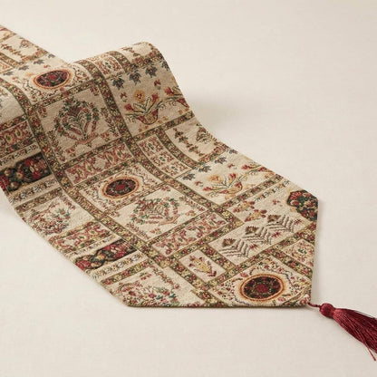 DaDalogy Bedding Cottage Mughal Floral Woven Tapestry Table Runner, Light Fleur White Botanical Vintage (18196)