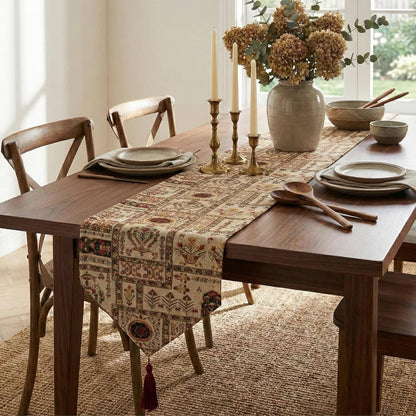 DaDalogy Bedding Cottage Mughal Floral Woven Tapestry Table Runner, Light Fleur White Botanical Vintage (18196)