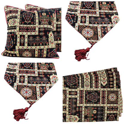 DaDa Bedding Set of 8 Pieces Dark Botanical Mughal Floral Table Woven Black Tapestry - 4 Placemats, 2 Table Runners, 2 Throw Pillow Covers (18197)
