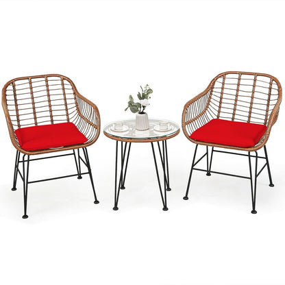 3-Piece Rattan Bistro Set with Cushions and Glass Table