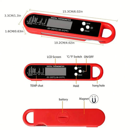 Digital Backlit Folding BBQ Kitchen Thermometer | Instant Read Meat Thermometer