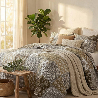 DaDa Bedding Bohemian Olive Brown Moroccan Paisley Floral Filigree Patchwork Cotton Bedspread Set (JHW-885)