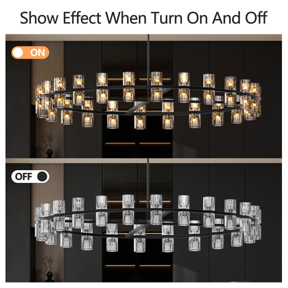 Luxury Crystal Chandelier | Double-Ring LED Ceiling Light for Living Room & Dining Room — Black or Gold, Round or Rectangular