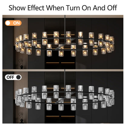 Luxury Crystal Chandelier | Double-Ring LED Ceiling Light for Living Room & Dining Room — Black or Gold, Round or Rectangular