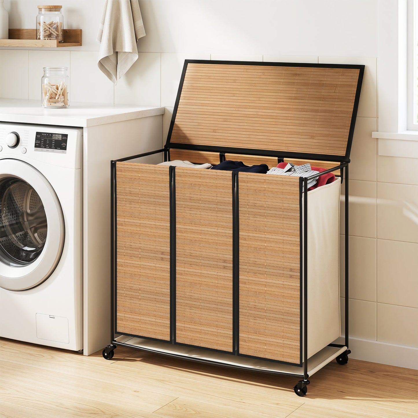 3-Section Laundry Hamper with Lid and Wheels - 21.4 Gal