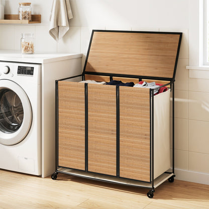 3-Section Laundry Hamper with Lid and Wheels - 21.4 Gal