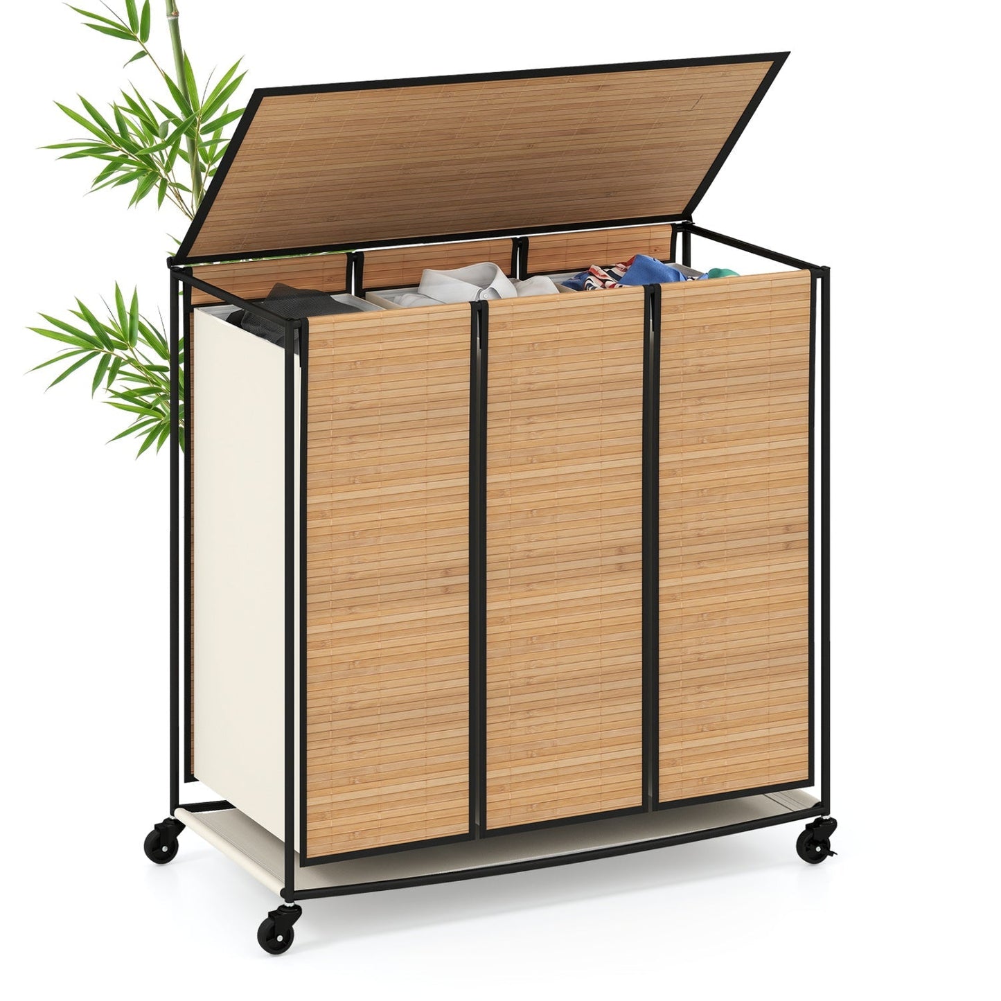 3-Section Laundry Hamper with Lid and Wheels - 21.4 Gal