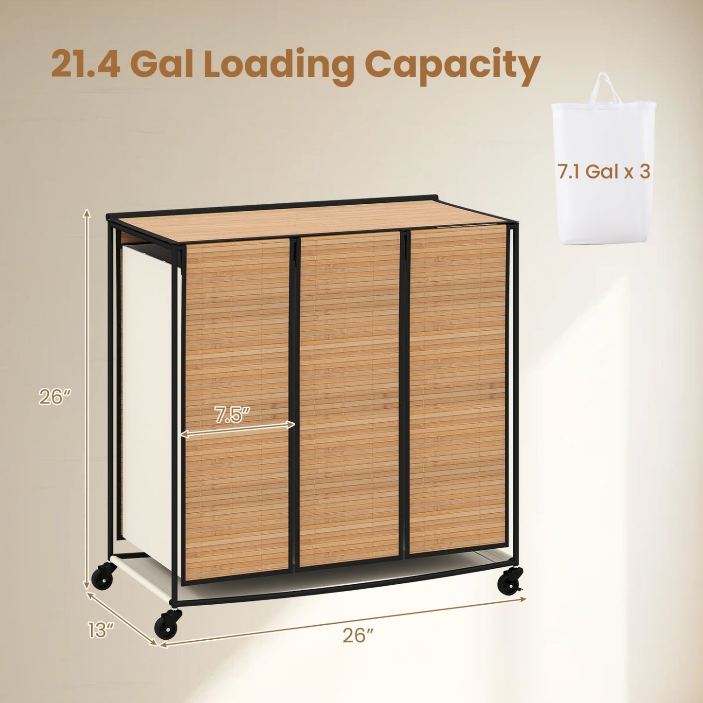 3-Section Laundry Hamper with Lid and Wheels - 21.4 Gal