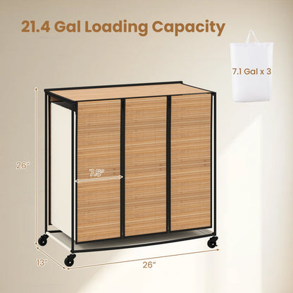 3-Section Laundry Hamper with Lid and Wheels - 21.4 Gal