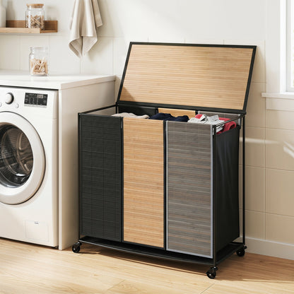 3-Section Laundry Hamper with Lid and Wheels - 21.4 Gal