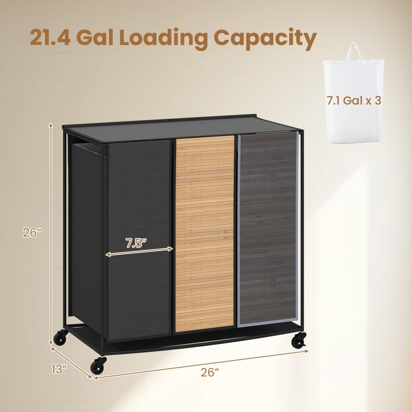 3-Section Laundry Hamper with Lid and Wheels - 21.4 Gal