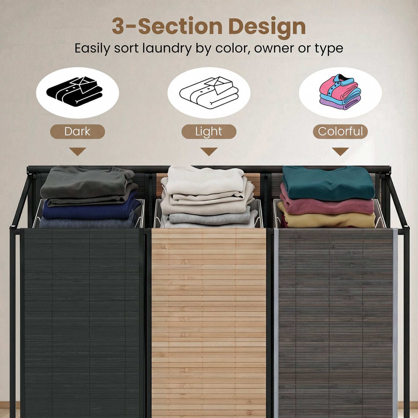 3-Section Laundry Hamper with Lid and Wheels - 21.4 Gal