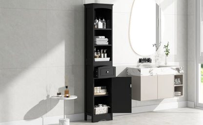 Tall Bathroom Cabinet, Freestanding Storage Cabinet with Drawer, MDF Board, Adjustable Shelf, Black