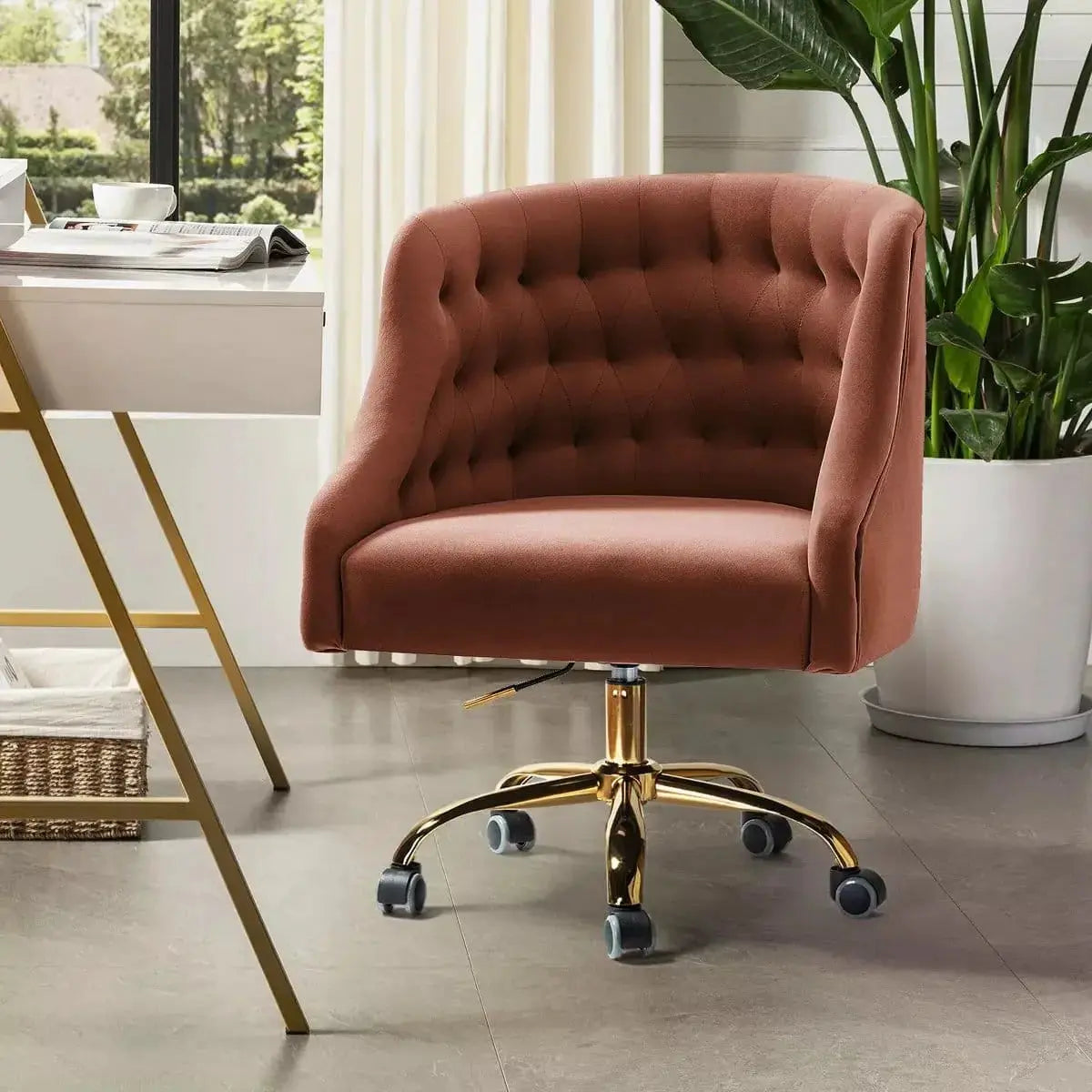 Curvaceous Velvet Swivel Office Chair with Gold Base