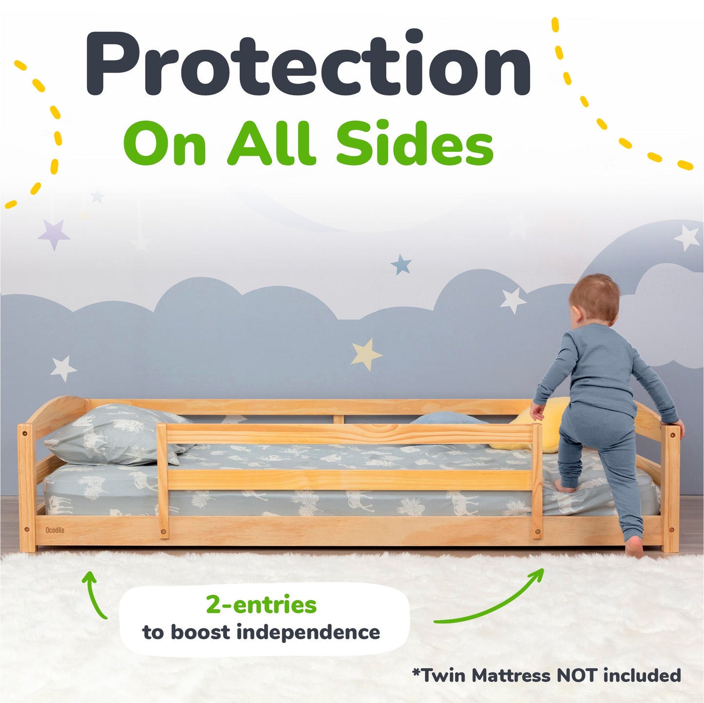 Twin Size Montessori-Inspired Floor Bed with Safety Guardrails for Kids