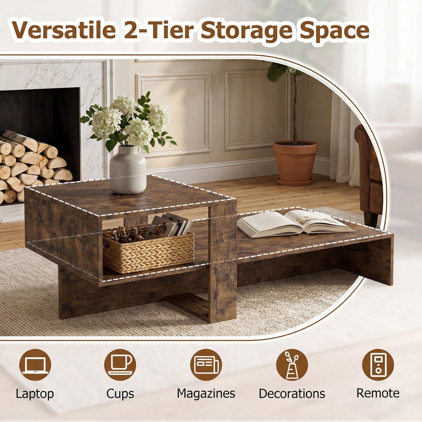 2-Tier Coffee Table with Open Storage Shelf