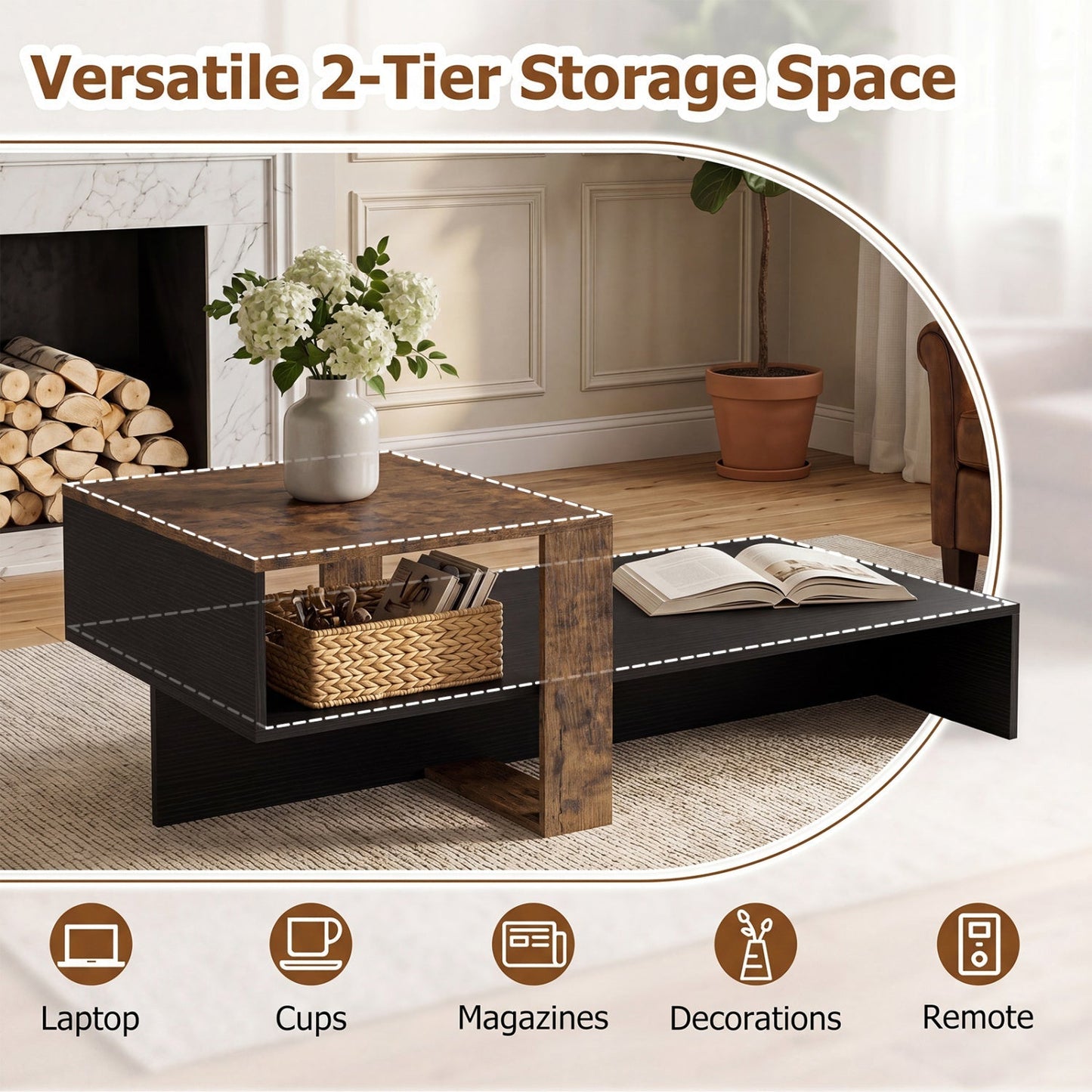 2-Tier Coffee Table with Open Storage Shelf