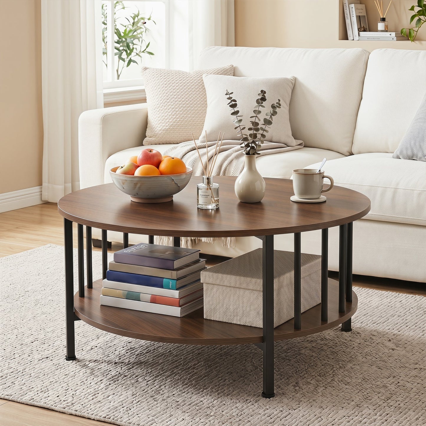 Round Coffee Table with Storage Shelf and Metal Frame