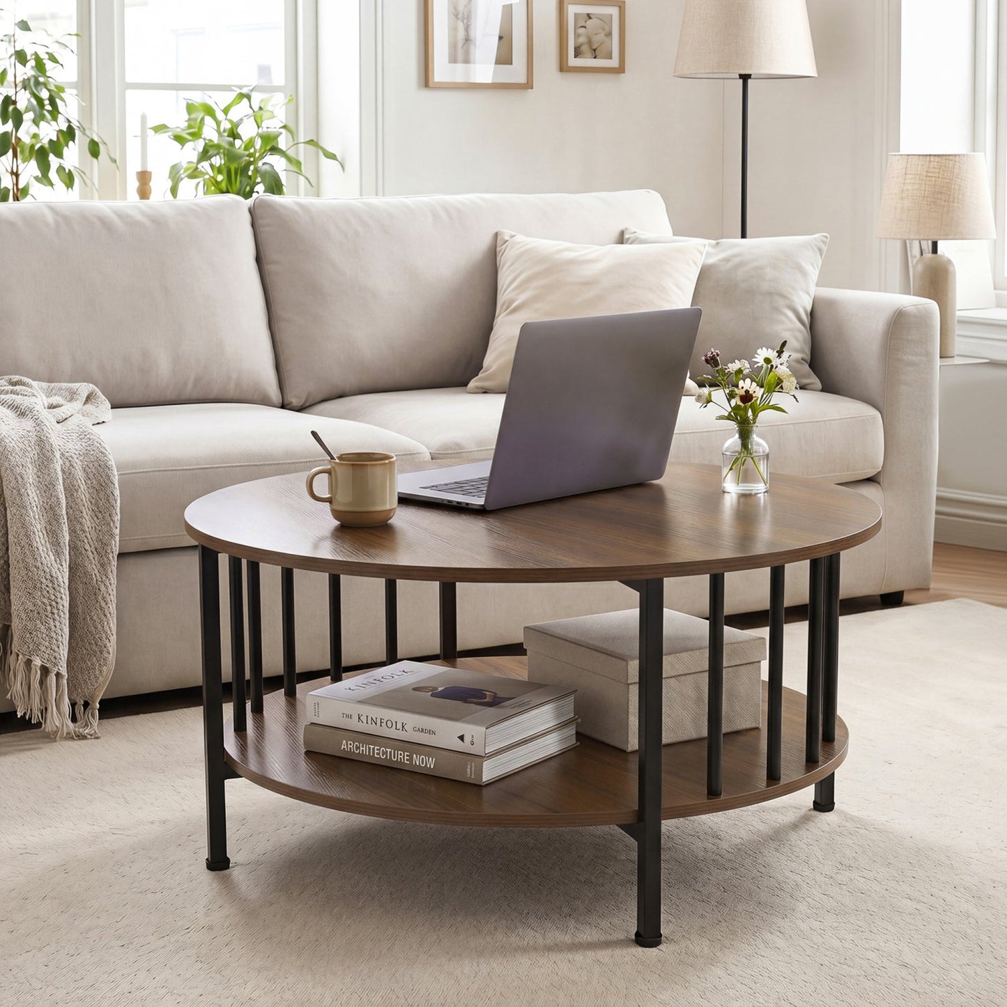 Round Coffee Table with Storage Shelf and Metal Frame