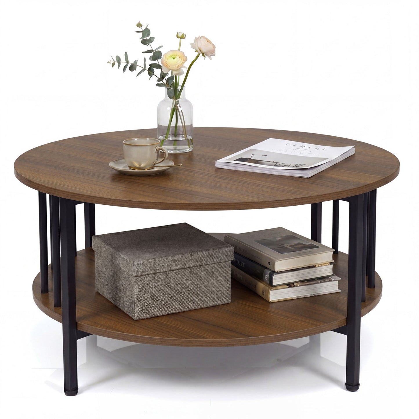 Round Coffee Table with Storage Shelf and Metal Frame