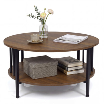 Round Coffee Table with Storage Shelf and Metal Frame