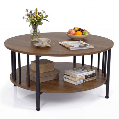 Round Coffee Table with Storage Shelf and Metal Frame