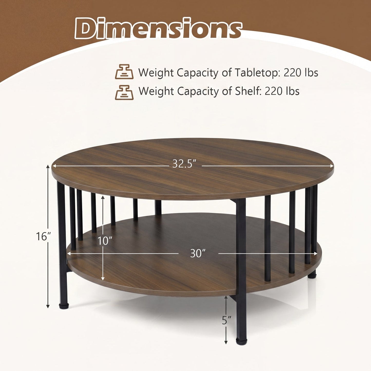 Round Coffee Table with Storage Shelf and Metal Frame