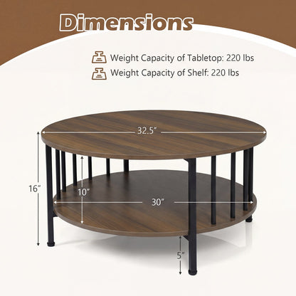 Round Coffee Table with Storage Shelf and Metal Frame