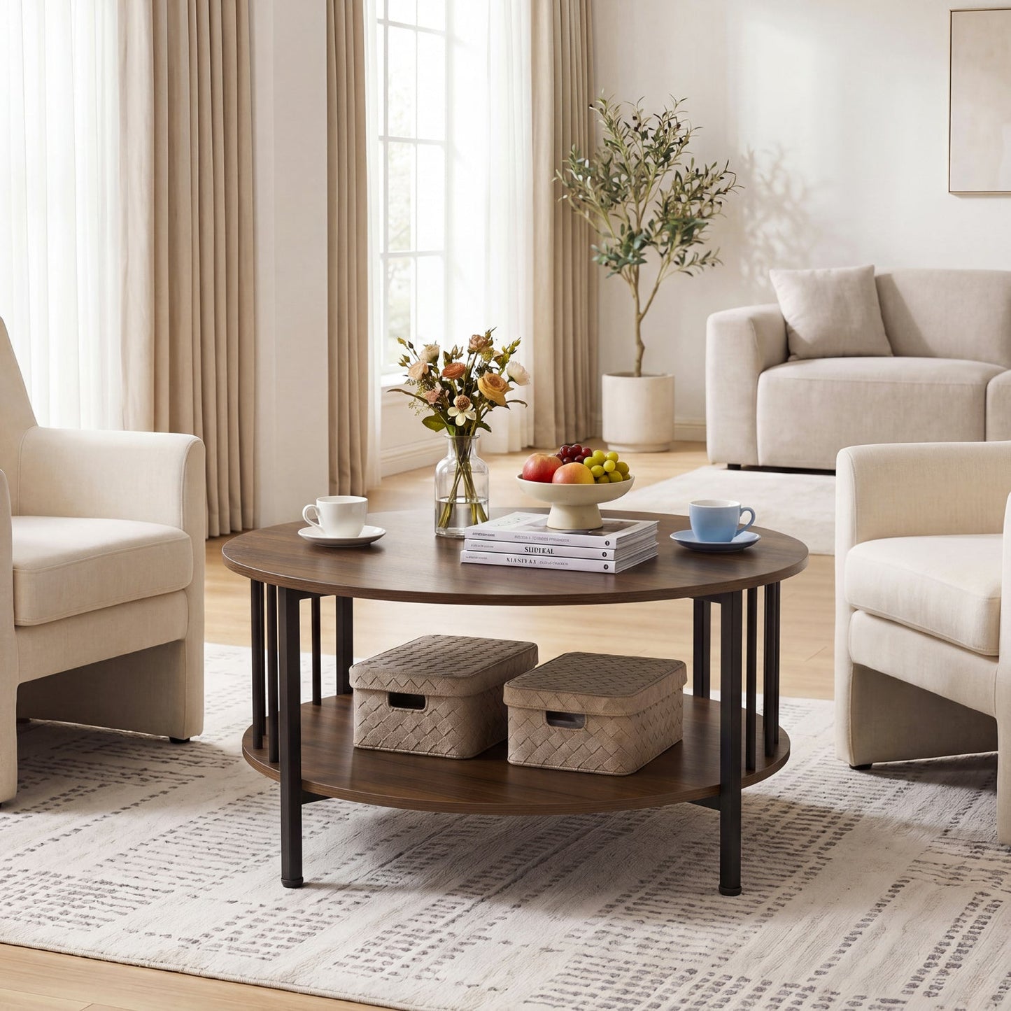 Round Coffee Table with Storage Shelf and Metal Frame