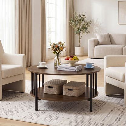 Round Coffee Table with Storage Shelf and Metal Frame