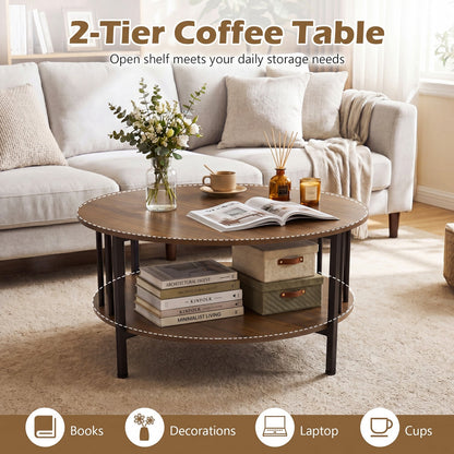 Round Coffee Table with Storage Shelf and Metal Frame