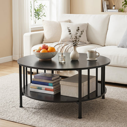Round Coffee Table with Storage Shelf and Metal Frame