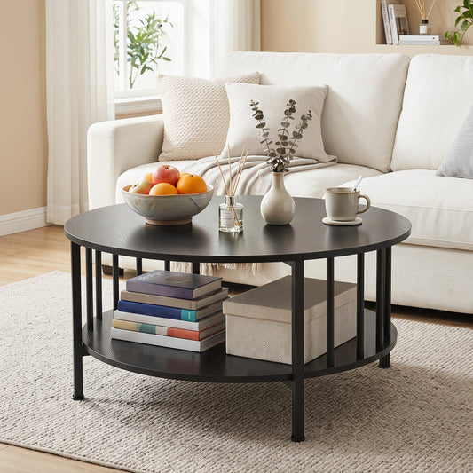 Round Coffee Table with Storage Shelf and Metal Frame