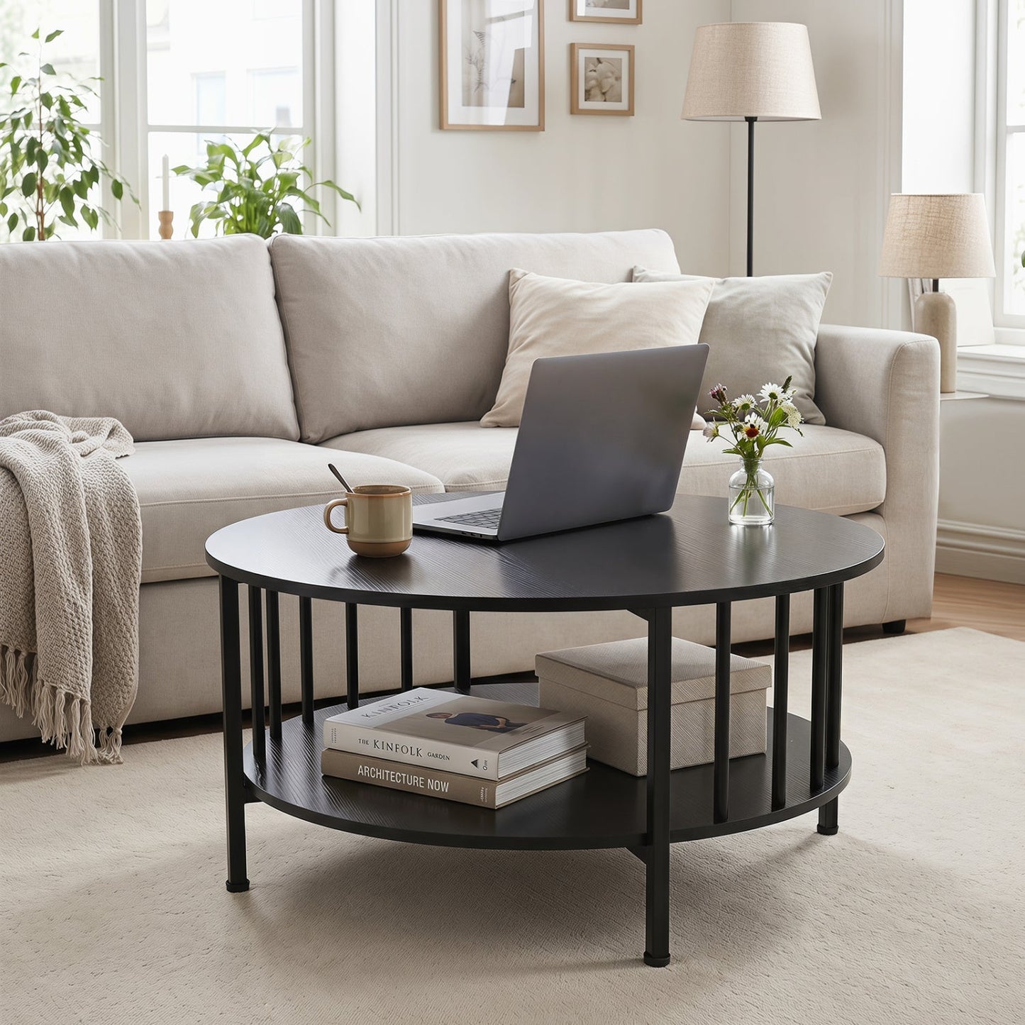 Round Coffee Table with Storage Shelf and Metal Frame