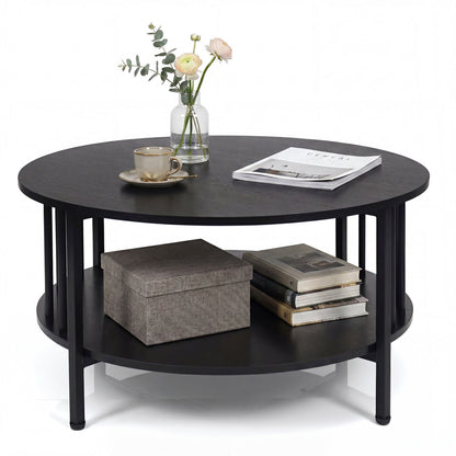 Round Coffee Table with Storage Shelf and Metal Frame