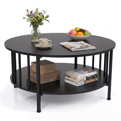 Round Coffee Table with Storage Shelf and Metal Frame