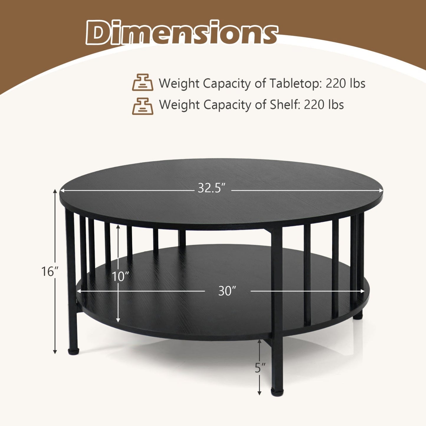 Round Coffee Table with Storage Shelf and Metal Frame