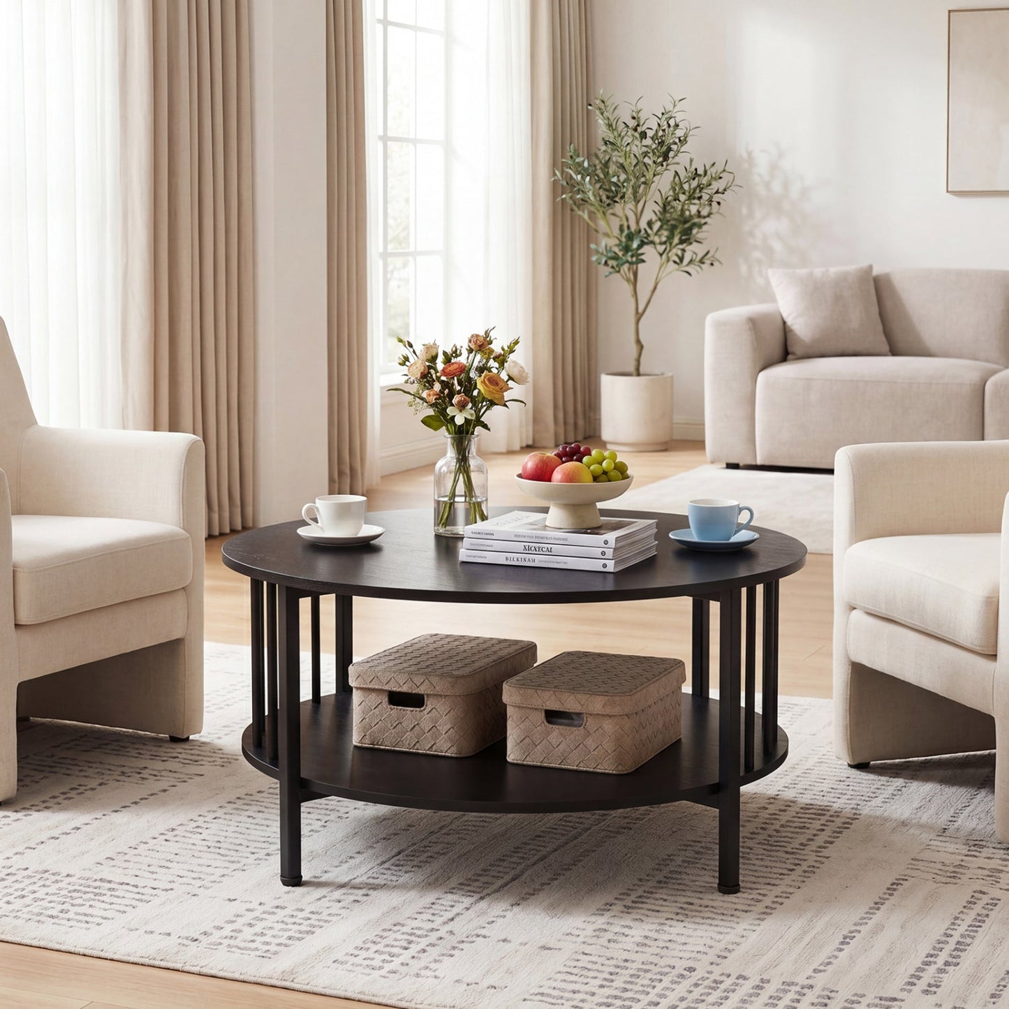 Round Coffee Table with Storage Shelf and Metal Frame